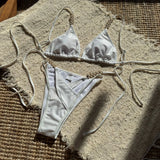 2025 New Solid Color Creative Splicing Pearl Flower Accessories Sexy Split Swimsuit Bikini