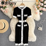 Women Knitted Dress Korean O Neck Short Sleeve Elastic Pencil Dress Summer Sexy Slim Streetwear Short