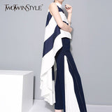 Striped Chiffon Shirt For Women Sleeveless Stand Collar Draped High Waist Asymmetrical Long Blouse Summer
