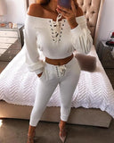 White Lace-Up Off Shoulder Crop Top and Pants