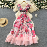 Elegant Dress Women's Summer Famous High-End Feel Lotle Side V-Neck Waist Thin Print Large Swing