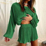 Fashion Blue Pleated Womens Two Peice Sets Casual Loose Long Sleeve Shirt Matching Shorts Set Elegant Home Female