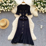 Retro Style High-End Knitted Dress Women's Summer Lotus Side Single Buckle Design Temperament Luxury