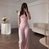 Summer New Women's Round Neck Solid Color Wide Leg Pants Commuting Leisure Suit