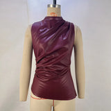 Toloer Women's 2024 Leather Collar Personality Waist Oblique Sleeveless Top Women's Vest-Outfit