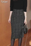 Tweed Plaid Women Skirt Korean Fashion Jupe High Waist Black Long Skirts Vintage Bodycon Skirts Faldas Mujer De