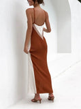 Beige Romantic Strap Sleeveless Color Blocking Knitted Backless Long Loose Holiday