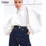 Office Lady Satin Lantern Sleeve Women's Blouse Spring Lapel Loose Elegant Shirt All-Match Casual Button Up Top Women