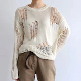 Hollow Out Thin Knit Long Sweater Pullover Women Jumper Korean Style Long Sleeve Sexy Hole Irregular Hem Loose Tops