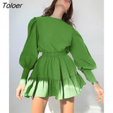 Lantern Sleeve Vintage Dress Long Sleeve O-Neck Casual Women Ruffle Dress Short Mini Pleated A-Line Frill Dress