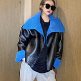Autumn Patchwork Women Fur Faux Leather Jacket Turn Down Collar Ladies Winter Thick Warm Oversized Coat Woolen Blend