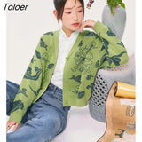 Women Knit Cardigan 2022 Autumn Long Sleeves V Neck Loose Sweaters Cartoon Pattern Jacquard Green Casual Chic