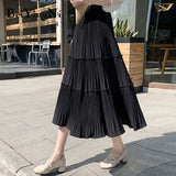 Pleated Skirt Women Vintage Casual Chiffon Shift Long High Waist Skirts Womens Patchwork Midi Saia Black White