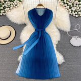 Spring Autumn Women Gradient Red/Green/Purple Pleated Midi Dress Female Vintage O-Neck High Waist Draped Loose Vestidos New