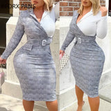 Women Chic Casual Elegant Long Sleeves Patchwork Notched Collar Midi Working Dresses-Outfit
