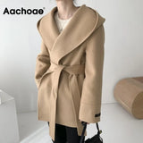 Women Solid Color Wool Coats With Belt Long Sleeve Hooded Pockets Coats Female Chic Elegant