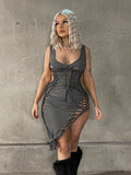 Sisterlinda Sexy Hollow Dresses Women Sleeveless Irregular Bandage V Neck Skinny Shirring Bodycon Party Clubwear Vacation