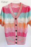 Summer New Contrast Color Striped Short Sleeve Sweater Women Knit Cardigan Y2K Casual Hollow Out V-Neck Knitwear Top