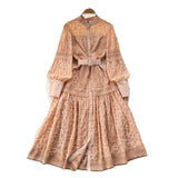 Dress Woman's Spring 2025 New French Elegant Embroidered Lantern Sleeves Waist Single Buckle Large Swing
