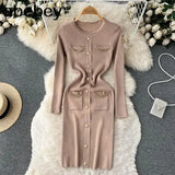 Fashion Women Sweater Dress V Neck Chain Long Sleeve Bodycon Dress Female Elastic Waist Solid Warm Knitted