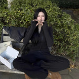 Retro Black Hooded Long-Sleeved Knitted Shirt Micro-Sleeves Friserie Women Autumn And Winter Slimming Two