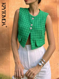 Women Fashion With Bejeweled Button Crop Tweed Waistcoat Vintage O Neck Sleeveless Female Outerwear Chic Vest