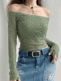 Off Shoulder Mesh Long Sleeve Blouse-Outfit