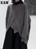 Gray Irregular Big Size Knitting Sweater Round Neck Long Sleeve Women Pullovers New Fashion Autumn Winter 2022