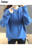 Fashion 2023 Autumn Winter Knit Hooded Solid Color Pullovers Korean Style Thick Sweater Women Knitwear Clothes Blue