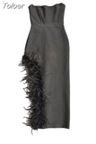 New Elegant Club Party Dress Women Sexy Feathers Bodycon Clothes Strapless Bandage