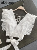 Hollow Backless Blouse Women Korean V Neck Sleeveless Lace Up White Tops Summer Fashion Streetwear Short