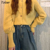 Korean Yellow Knitted Cardigan Women 2023 Autumn O Neck Lantern Long Sleeve Sweaters Woman Single-breasted Women's