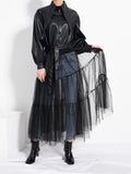 Loose Fit Black Mesh Big Size Long Pu Leather Jacket New Lapel Long Sleeve Women Coat Fashion Spring Autumn 2023