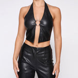 Toloer Summer New Women's Fashion Hanging Neck Sexy Hollow Out Back Slim Crop PU Small Vest Woman-Outfit