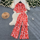 Light Style Suit Women's Fashion With Loose Short Print Shirt + High Waist Display Thin Leg
