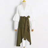 TWOTWINSTYLE Streetwear Two Piece Set For Women V Neck Long Sleeve Shirt High Waist Frill Trim Irregular Hem Skirts Female