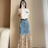 Popular White Cotton T-shirt Pleated Chiffon Denim Patchwork Skirt Elegant Women's Skirt Suit Party Dress Female