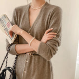 Women Autumn V-Neck Knitted Dress Solid Sweater Dresses Single-Breasted Waistbelt Long Sweater