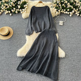 Windy Woman Languid Languid Breeze With Long-Sleeved Knitted Shirt + High Waist Swing Sweater Half-Dress