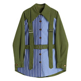 Women Green Striped Buckle Big Size Blouse New Lapel Long Sleeve Loose Fit Shirt Fashion Tide Spring Autumn 2023