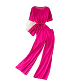 Suit Goddess Fan Irregularly Round Neck Knitted Top Two Sets Of High-Rise Thin Broad Leg