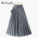 Autumn Winter Skirt Women With Belt Long Metallic Silver Maxi Pleated Skirt Midi High Waist Fashion Vintage Saia