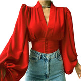 Explosion Spring New Temperament Button V-Neck Lantern Sleeve