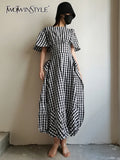 TWOTWINSTYLE Vintage Side Split Plaid Dress For Women Round Neck Puff Sleeve High Waist Ruffle Trim Dresses Female Fashion