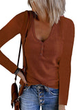 Autumn New Women's Button Vest Solid Color V-Neck Long-Sleeved T-Shirt
