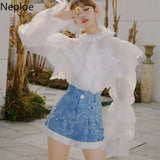 Temperament Blouse Women Chic Ruffled Collar Lace Shirts Fashion Puff Sleeve Elegant Blusas De Mujer Korean White