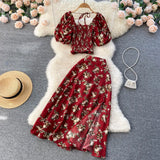 Summer Bohemian Women Floral Printed Two Piece Set Sexy Beach Suit Square Collar Puff Sleeve Short Tops + Skirt New Fashion