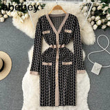 French Plaid Knitted Dress Women V Neck Sweater Sheath Hight Quality Dress Elastic Waist OL Warm Midi Long