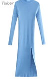 MODA 2023 Women Chic Fashion Front Slit Sheath Knit Midi Dress Vintage High Neck Long Sleeve Female Dresses Vestidos