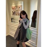 Bow Flower Bud Vest Dress Half-High Collar Wood-Eared Bottoming Shirt Women Fashion